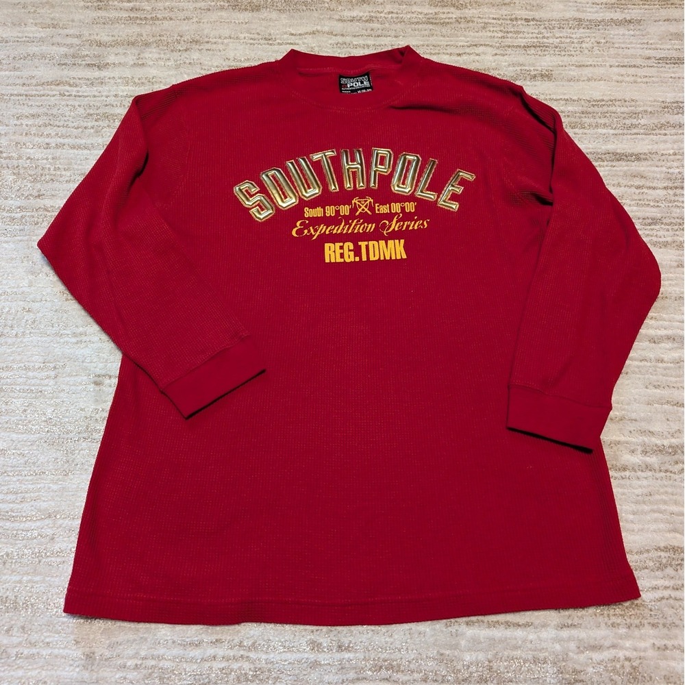 Southpole Thermal Shirt Boys XL 18-20 Red Waffle Knit Puff Print Y2K 90s Vintage
